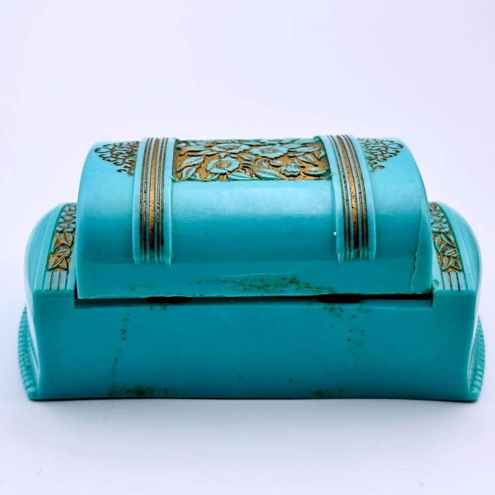 Vintage Dunn's Art Deco Turquoise Gold Floral Ring Box Kansas City MO 1930s